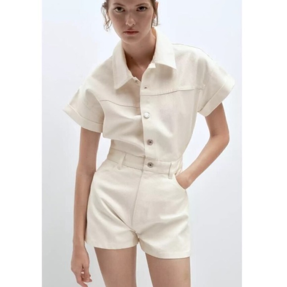 Zara Pants - ZARA DENIM TRF SHIMMERY PLAYSUIT Cream size small